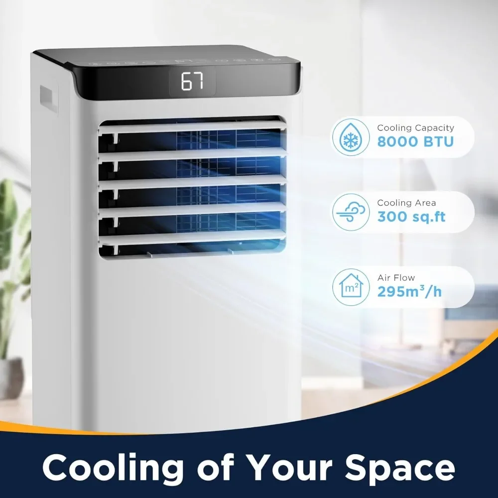 8000 BTU portable air conditioner, suitable for rooms up to 350 square feet, with 3 modes of portable air conditioning