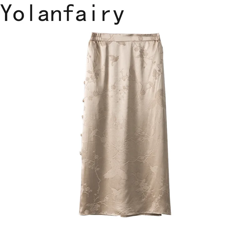 YOLANFAIRY 35 Momme 100% Mulberry Silk Skirt for Women Elegant Midi Skirts Heavy Jacquard Silk Satin Half Elastic Waist Skirts