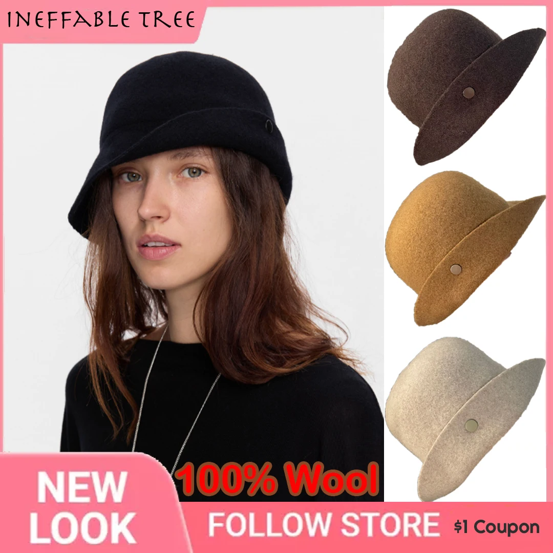 Hepburn Style Wool Dome Hepburn Style Bucket Hats for Women Curved Brim Newsboy Cap Ladies Travel Headwear Fedoras Hat Chapeau