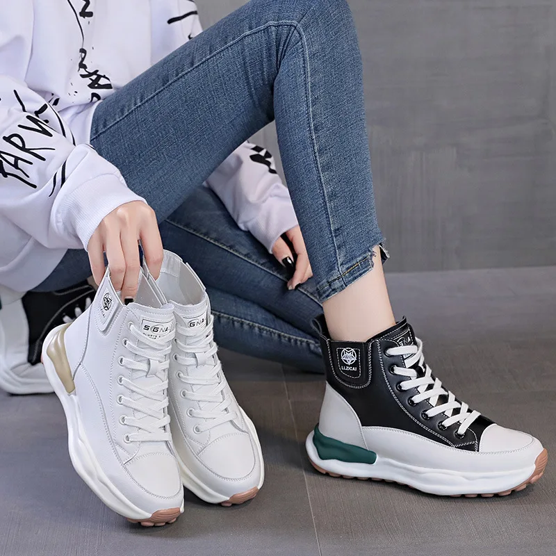 CXJYWMJL High Top Sneakers for Women Genuine Leather Autumn Winter Casual Vulcanized Shoes Ladies Lace-up Thick Soled Warm Boots