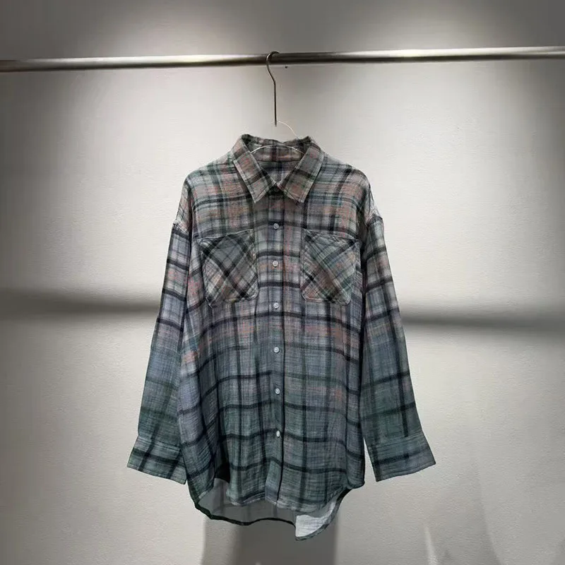 

Women's Gradient Plaid Collared Long-Sleeve Shirt Stylish Casual Vintage-Washed Top High-Quality Cotton Shirt Fall Season, New