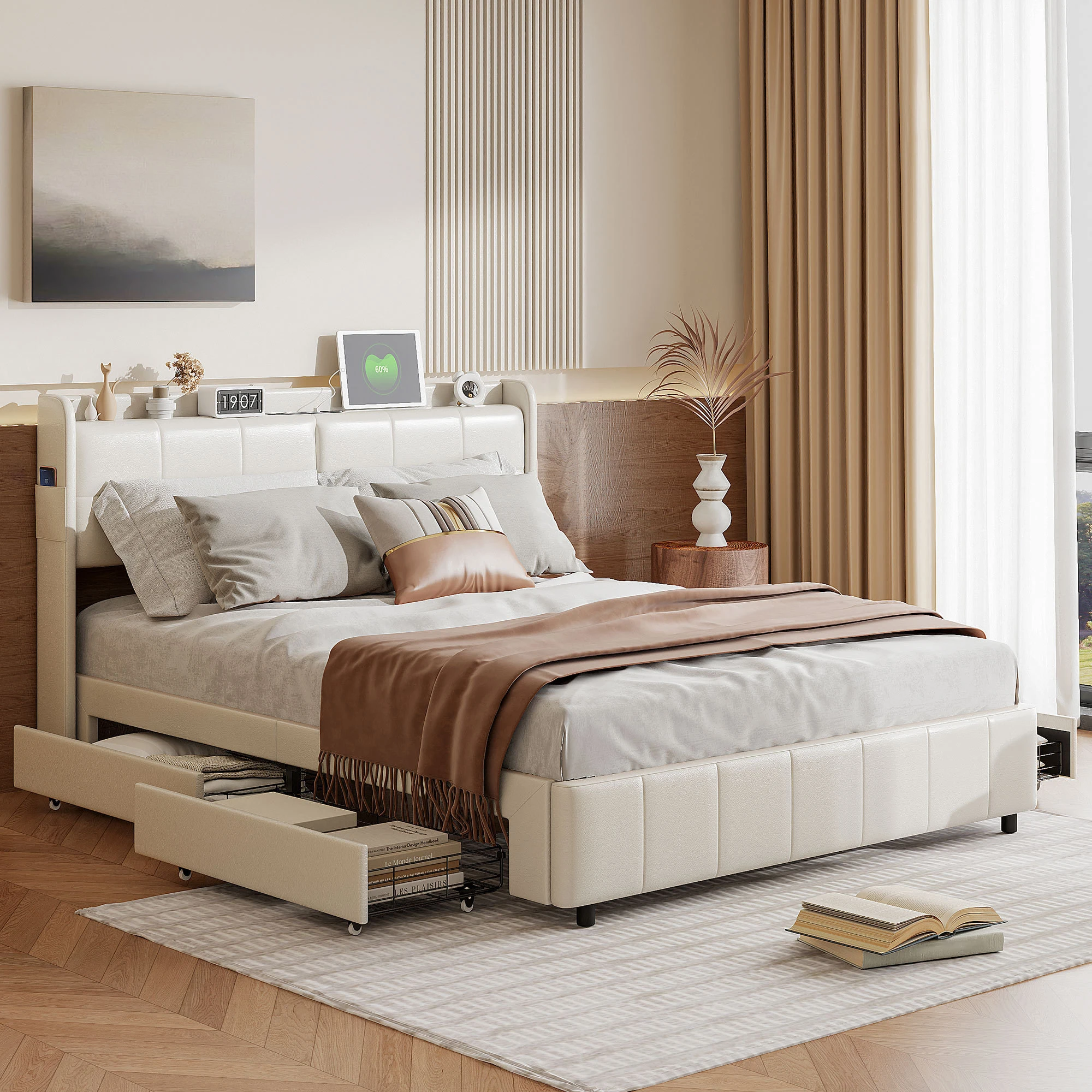 Letto Imbottito con Contenitore Fangange 160x200cm Matrimoniale, Letto a Piattaforma Fangange con 4 Cassetti, Porte USB e Struttura a Doghe in Legno,