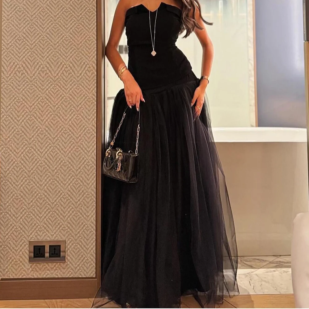 

Customized Classic Strapless Pleats Evening Dress Temperament A-Line Organza Custom Size Black Party Gown vestidos para mujer