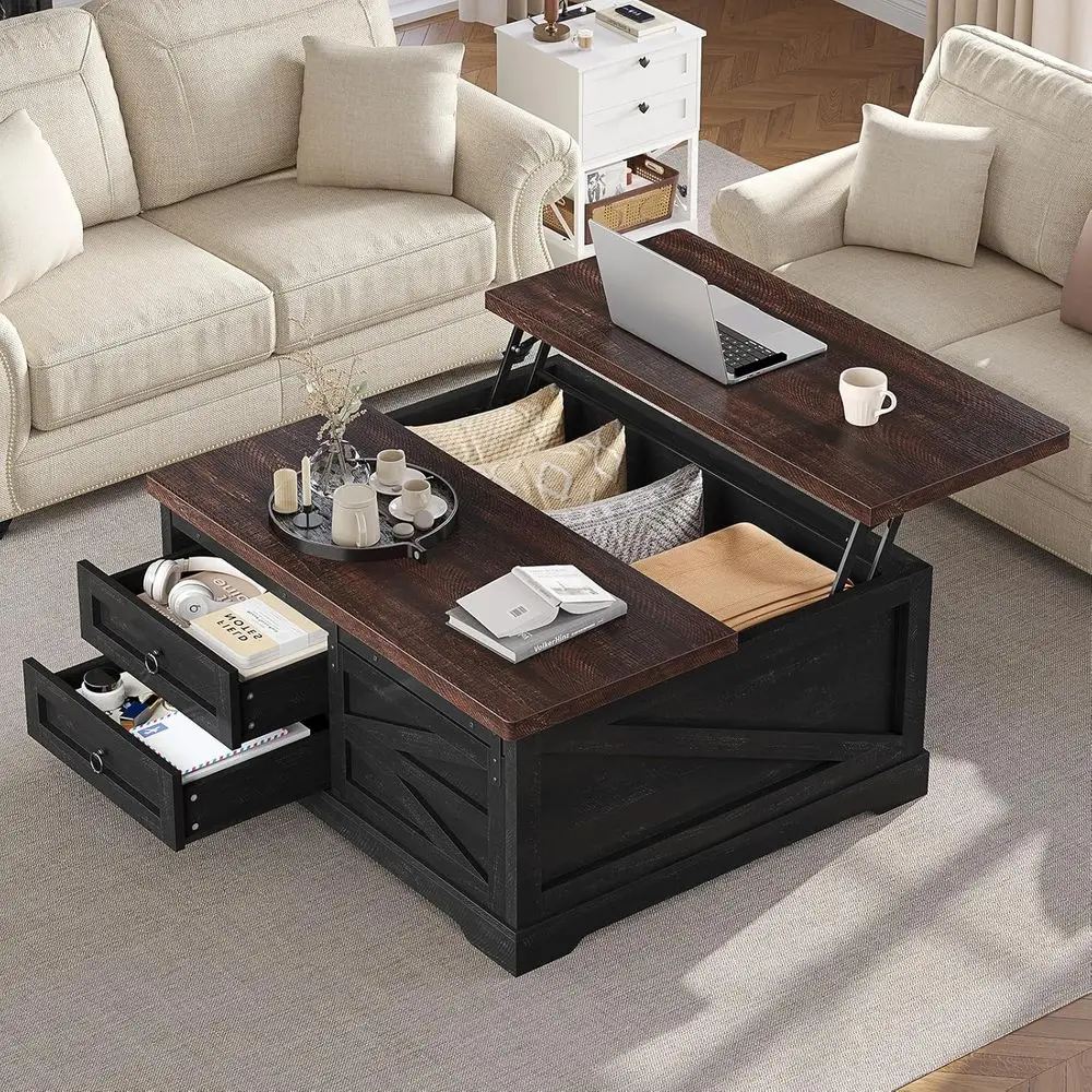 

Large Square Coffee Table with Storage, Living Room Furniture, Black