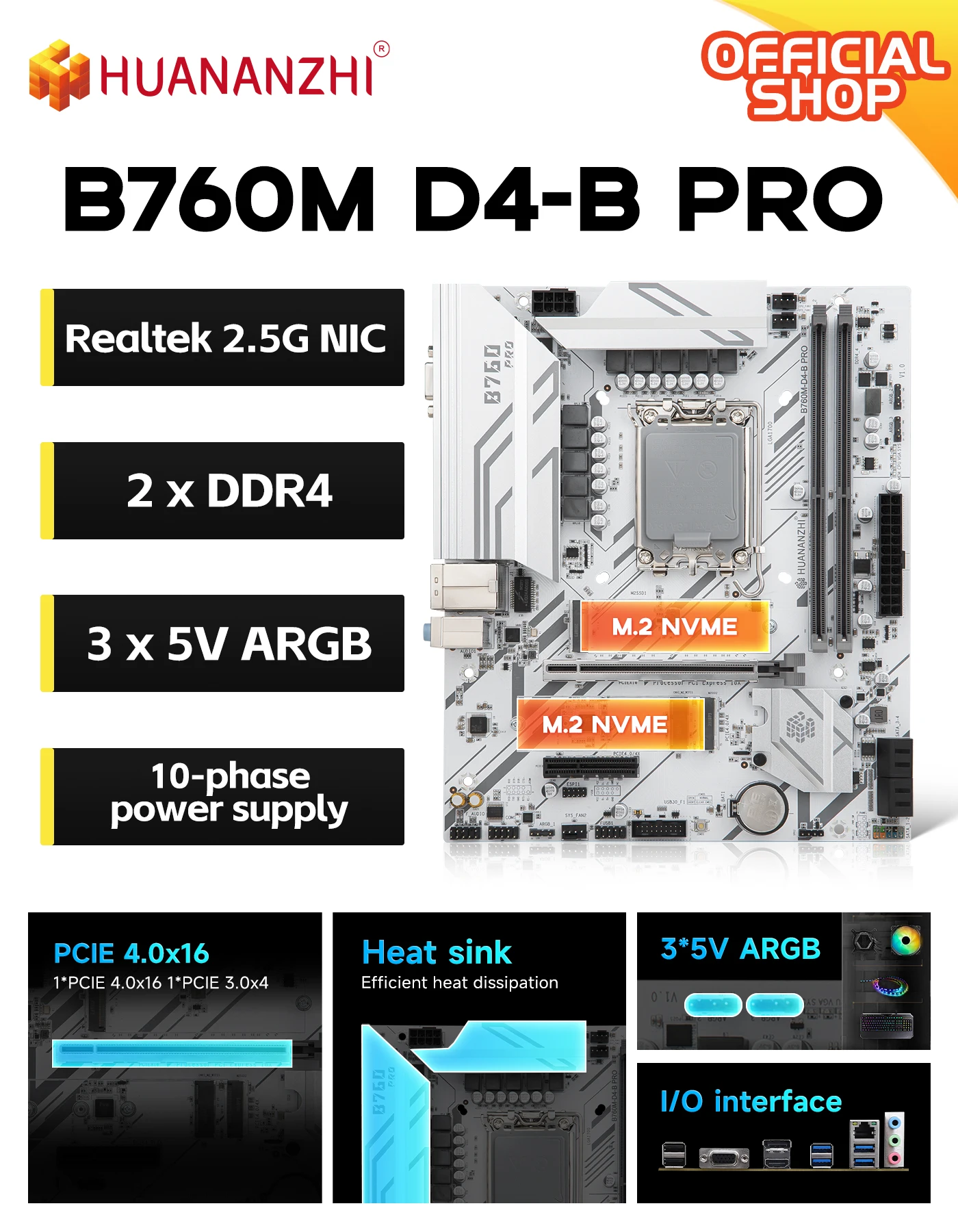 HUANANZHI B760M-D4-B PRO Motherboard DDR4 LGA 1700 Support Intel Core I3 I5 I7 12th 13th 14th Processor 5V ARGB