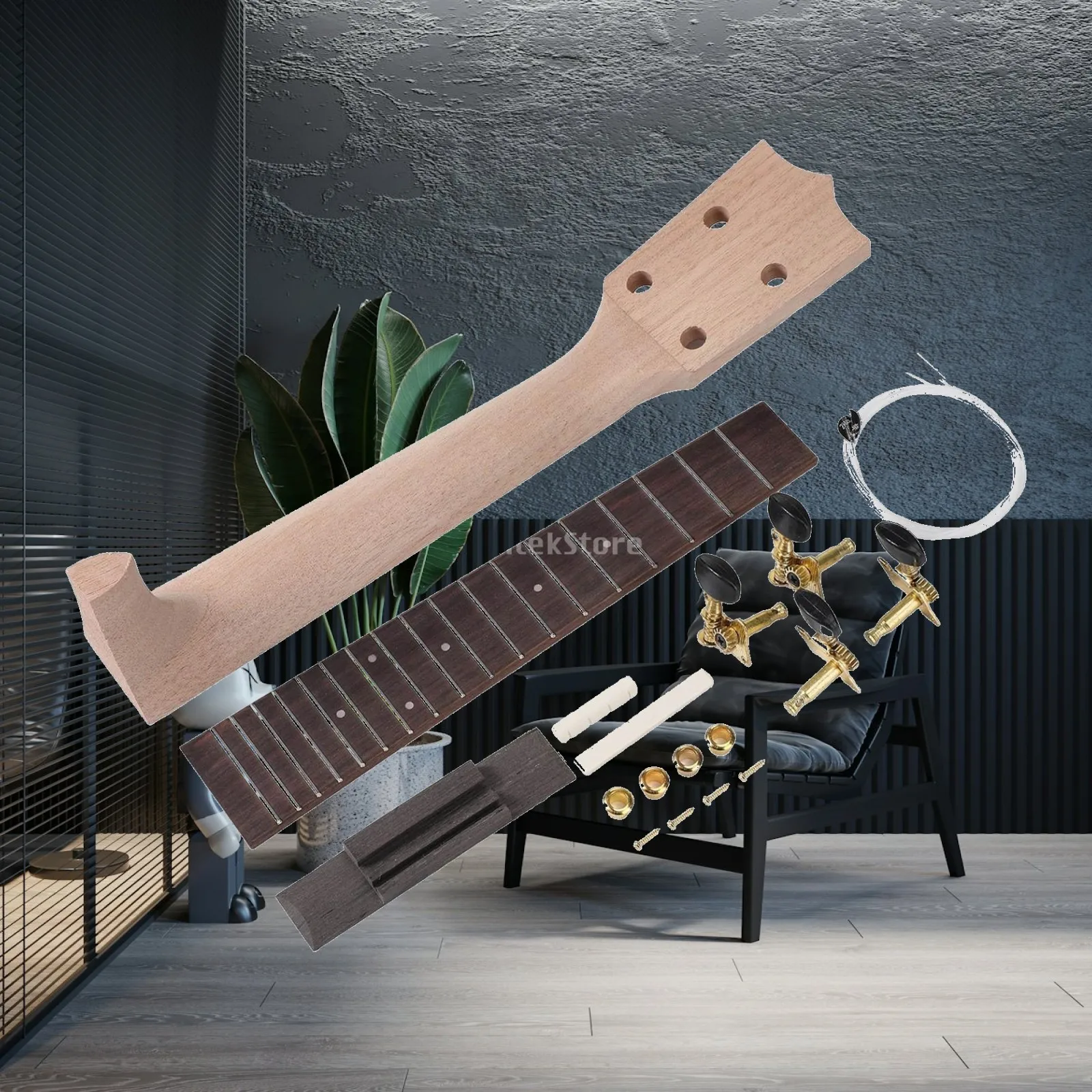 DIY Ukulele Art Kit Miniature Wooden Neck Complete Set for Beginners and Children Gift Idea