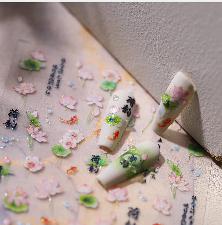 5d polarisierte rosa Lotus Nagel aufkleber hochwertige grüne Blatt Koi Design selbst klebende Nagel aufkleber chinesischen Stil Nagel aufkleber