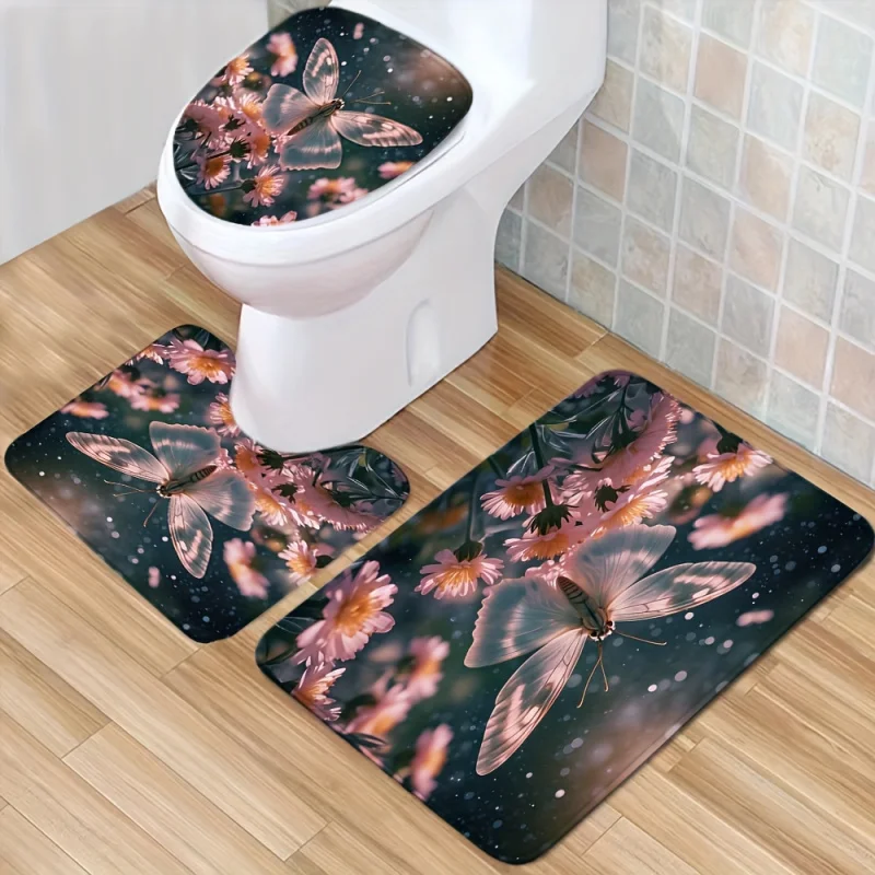 Pink Moth Anti-slip Cover Toilet Carpet Set Bathroom Water Absorbing Door Mat