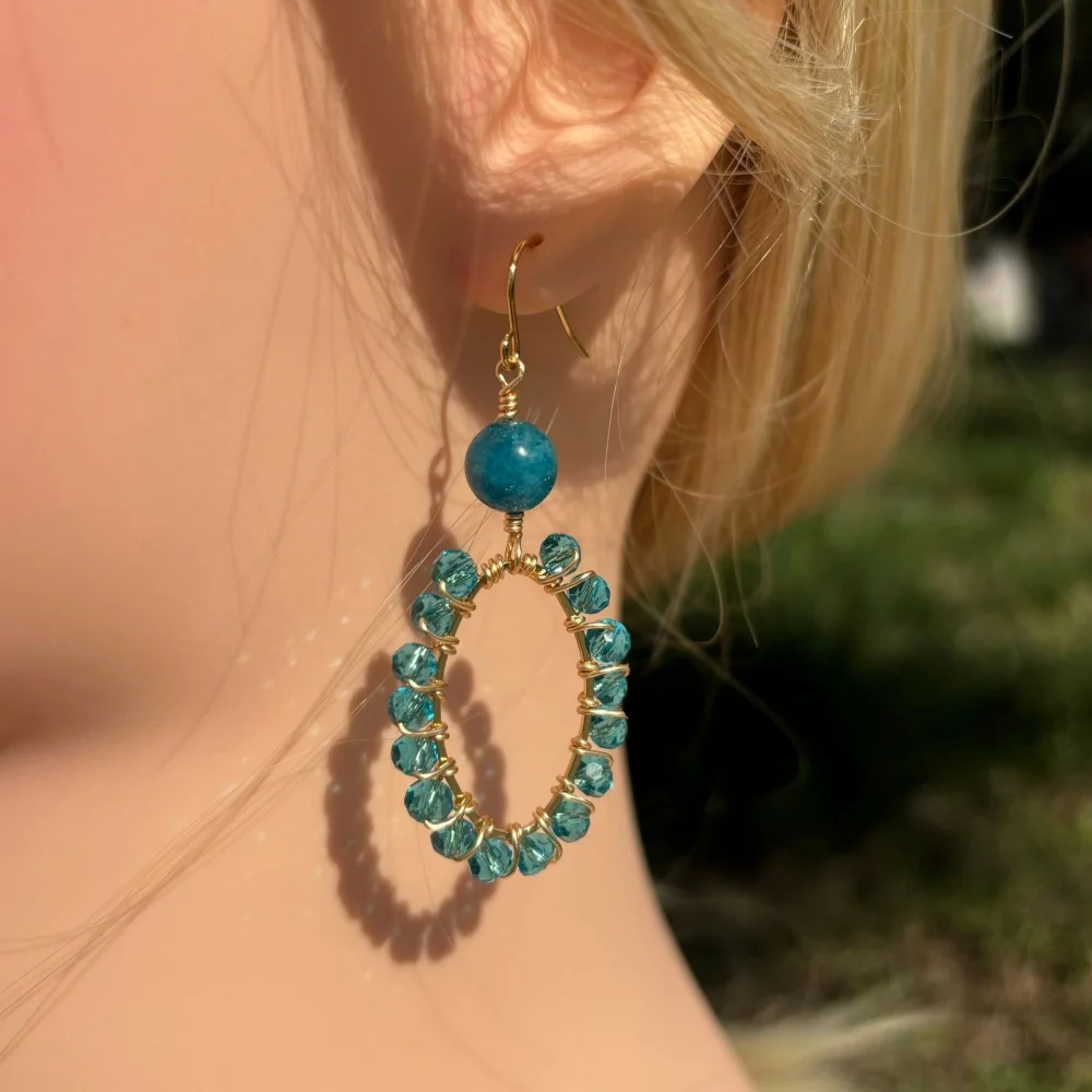 Handmade Oval Earrings Filled Dangle Earrings with Natural Crystal Delicate Handcrafted Ear Hooks Artisan Jewelry