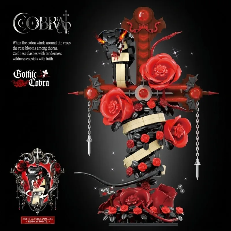 Cross Shaped Bracket Cobra Rose Building Block Gothic Halloween Gift DIY Desktop Puzzle Creative Assembly Decoration Model