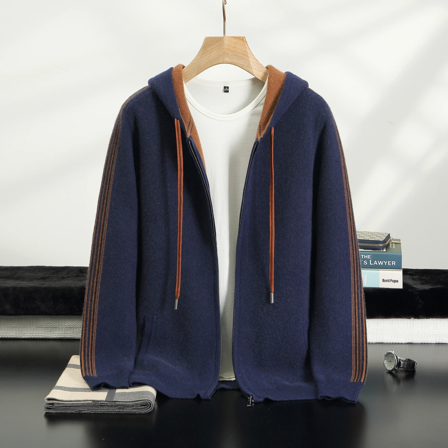 DjzDsm Luxury Large Size 100% Pure Goat Cashmere Knitted Hooded Open Cardigan Thick Jacket Men's New Sweater Open Cardigan Top
