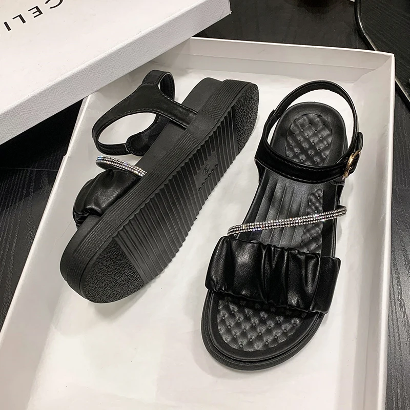 Low Sandals Woman Leather Soft Suit Female Beige Summer Heels Large Size Beach Shoes Low-heeled Black Girls Big 2025 Fashion