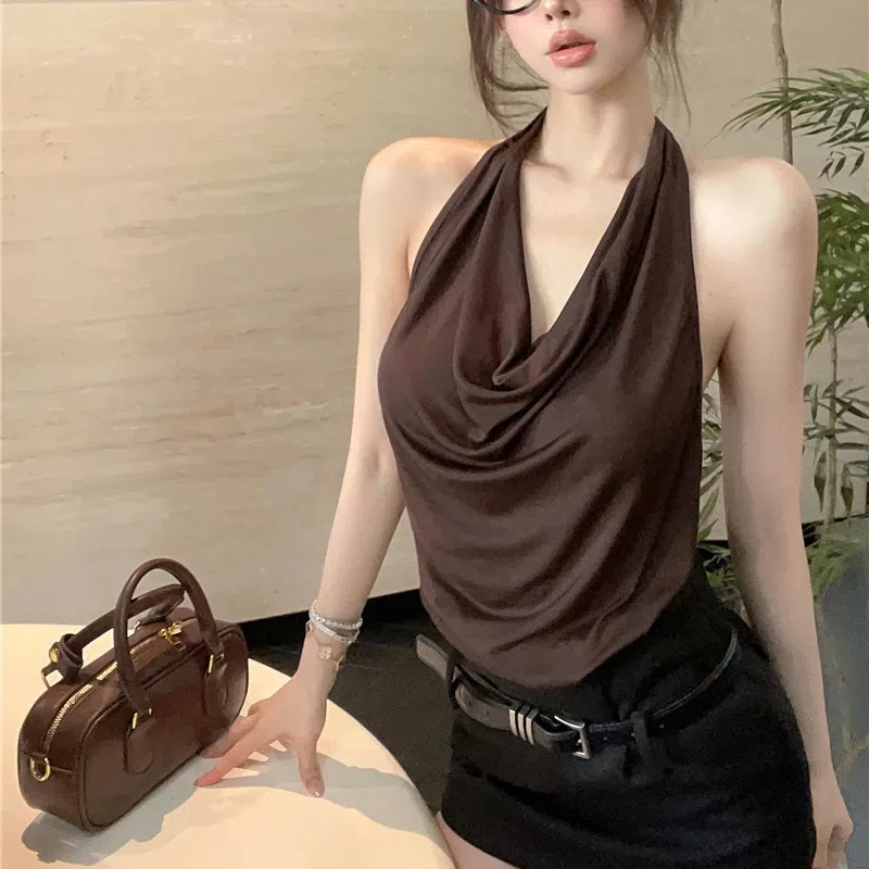 Women\'s Clothing Solid Color Pullover Halter Sleeveless Summer V-Neck Pile Collar T-shirt Casual Sexy Fashion Vintage Tops