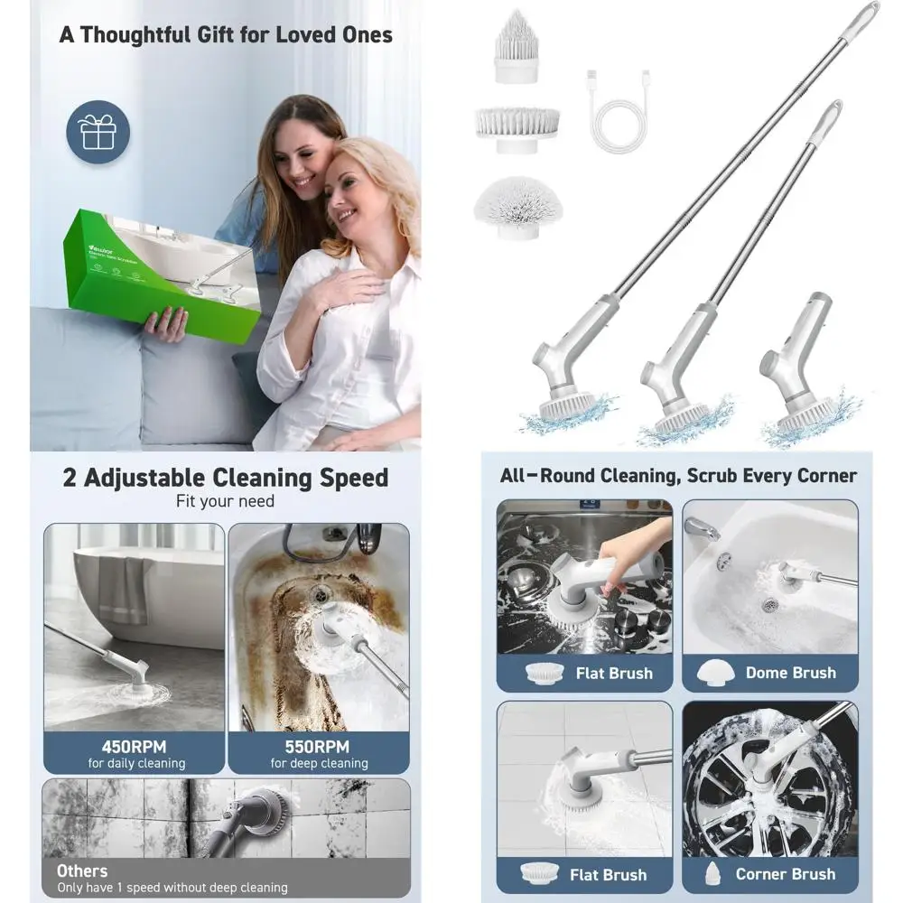 

Беспроводная электрическая скруббер для душа с 3 съемными щетками, регулируемой ручкой и двухскоростным питанием для уборки ванной комнаты