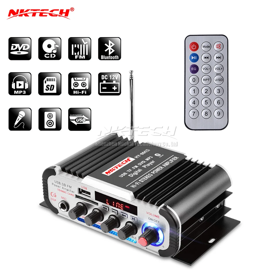 NKTECH HY-604S Digital Player Car Power Amplifier Bluetooth 5.0 Hi-Fi Stereo Home Audio MIC Karaoke Reverberation 4CH 45W FM DVD