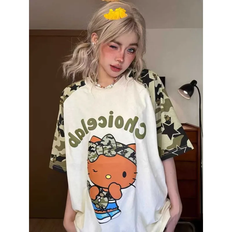 3D Printed American Sweet Cool Contrasting Camouflage Hello Kitty Quick Drying Short Sleeved T-shirt for Women