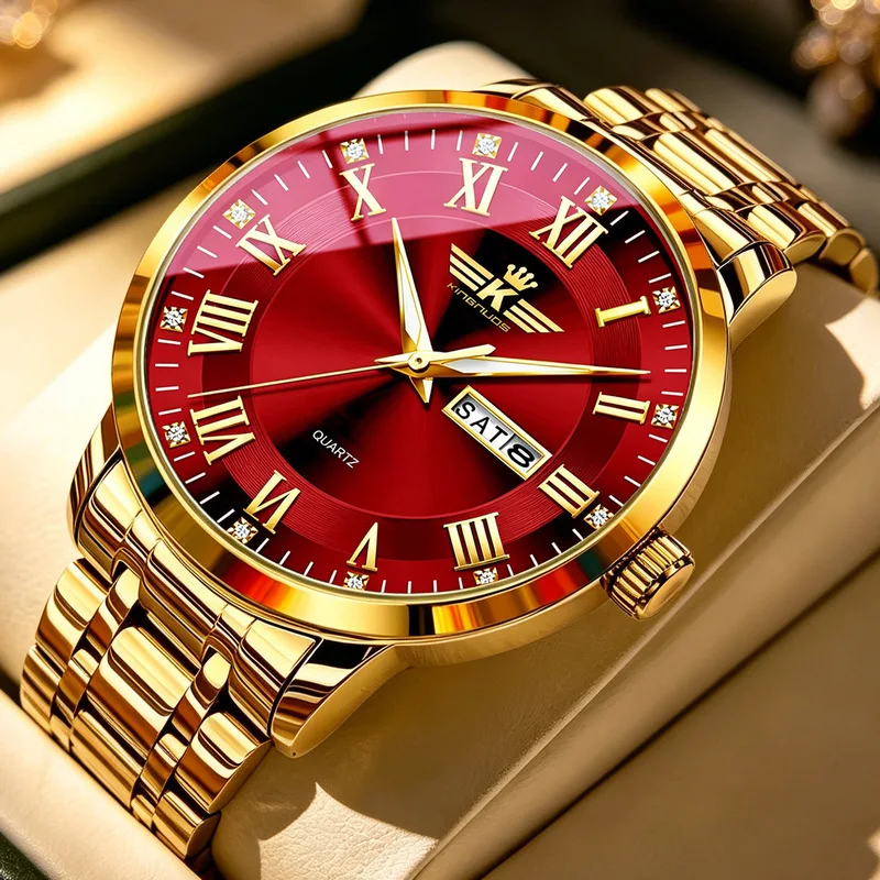 Men Quartz Watch Roman Numeral Male Business Wristwatch Diamond Embellished Dual Scale Steel Band Dual Calendar Display Luxury