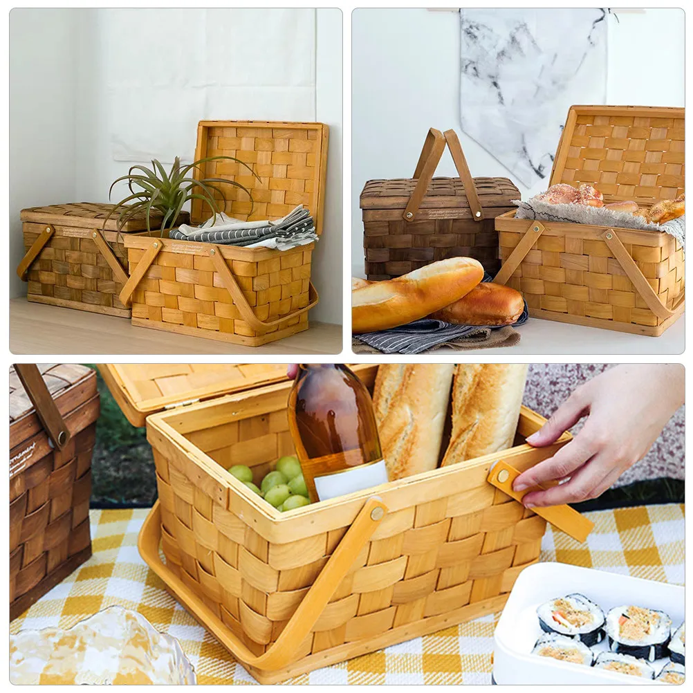 Wicker Woven Picnic Basket Storage Outdoor Halloween Christmas New Year Bread Storage Basket Fruit Storage Basket Wooden view 5