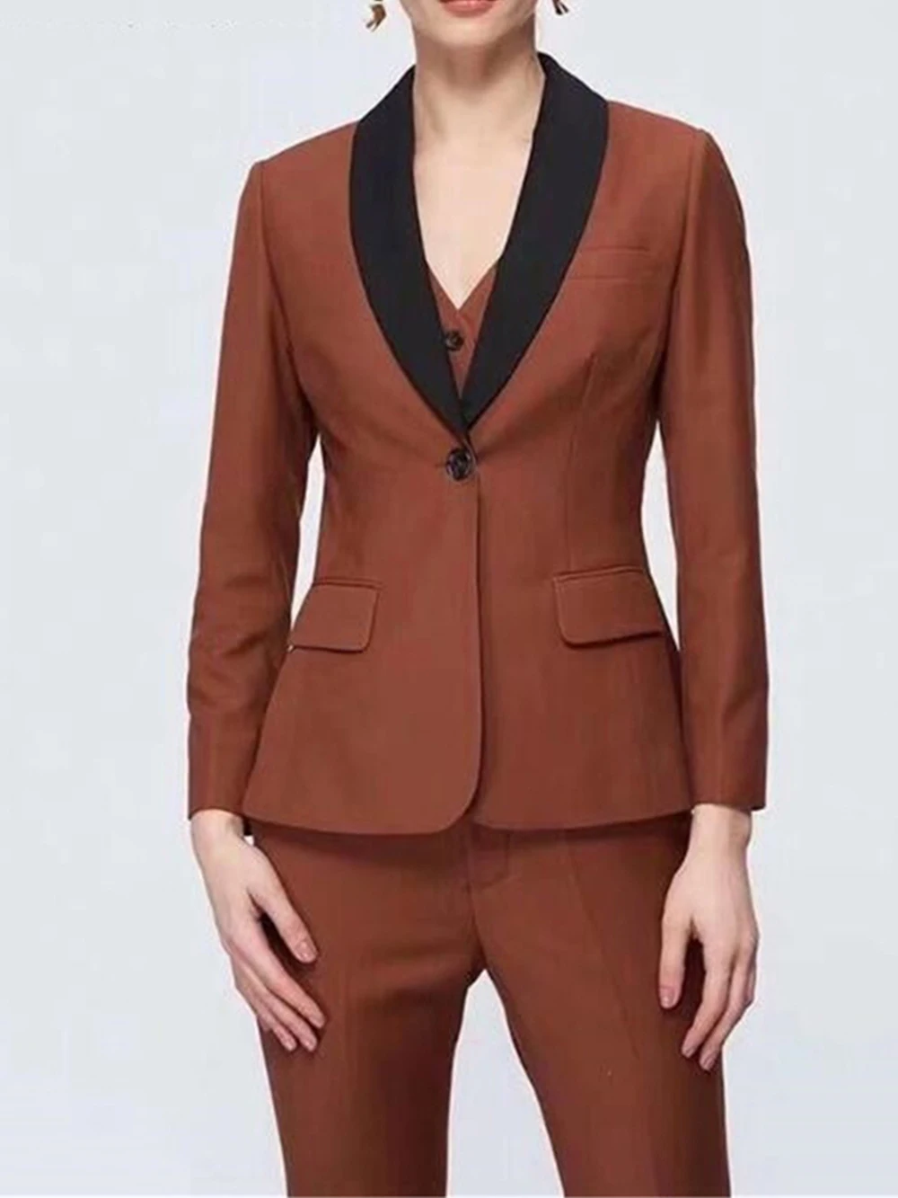 

Women's Brown Shawl Lapel Blazer and Trousers Suit Set, Pantsuits, OL, 3 Piece