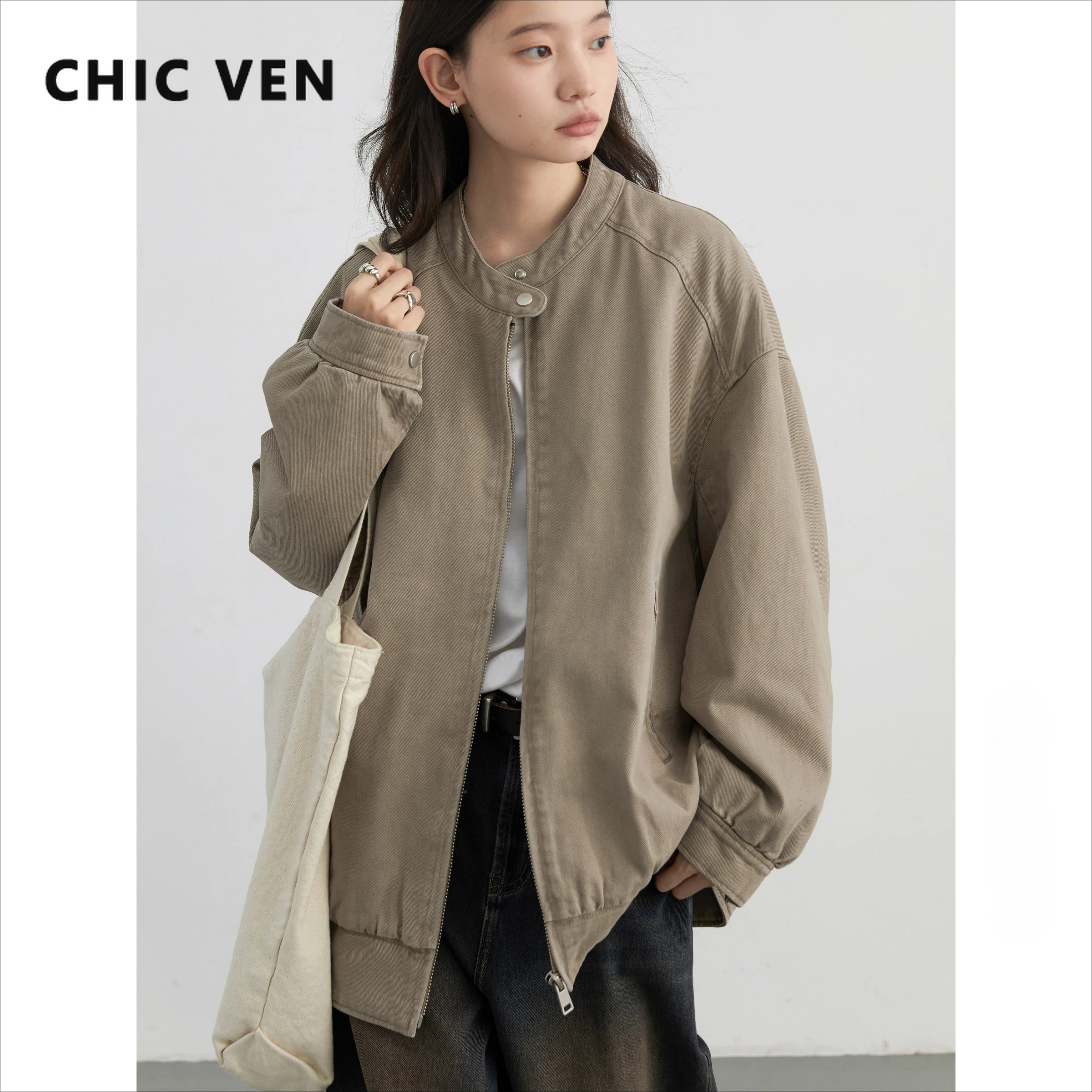 CHIC VEN Women's Jacket Solid Loose Casual New Workwear Coat Stand Collar Cotton Padded Baseball Woman Jacket Spring Autumn 2025