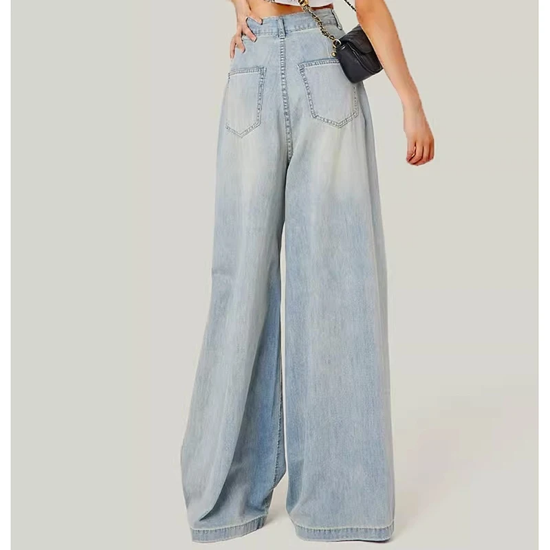 ผู้หญิงสูงเอวเสื้อผ้าแฟชั่น Baggy กางเกงยีนส์หญิง Vintage ขนาดใหญ่กางเกงขากว้างหญิง Gothic Light Blue ความงามกางเกง