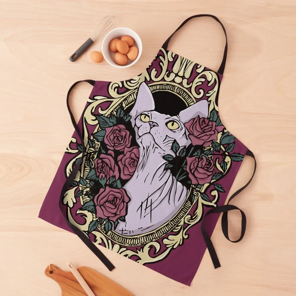 Point Seal Lilac Hairless Sphynx Cat in a Baroque Frame Surrounded by Mystical Blue Roses - Maroon Background Apron Dress Apron