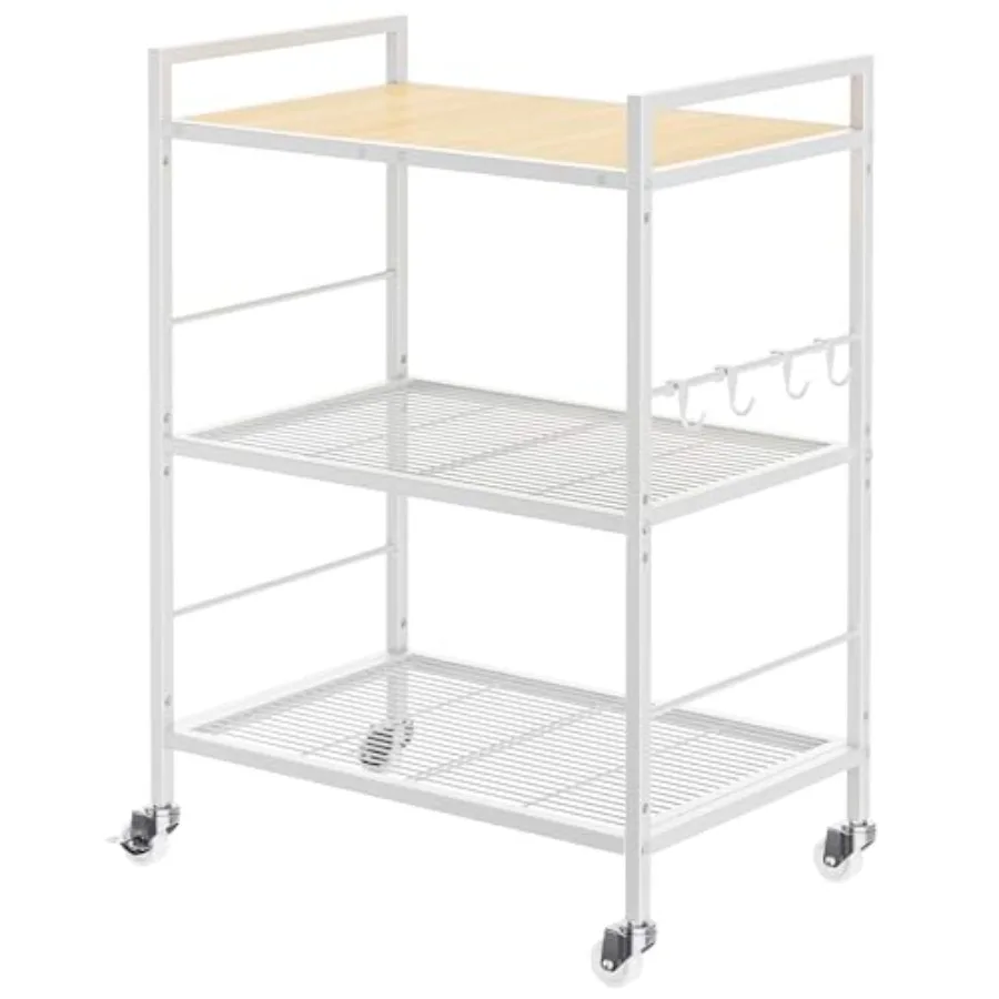 

Metal Storage Rack with Industrial Wheels, Mesh Shelving Unit with Wooden Table top, Adjustable Shelf, 23.6-Inch Width, 15.8-In