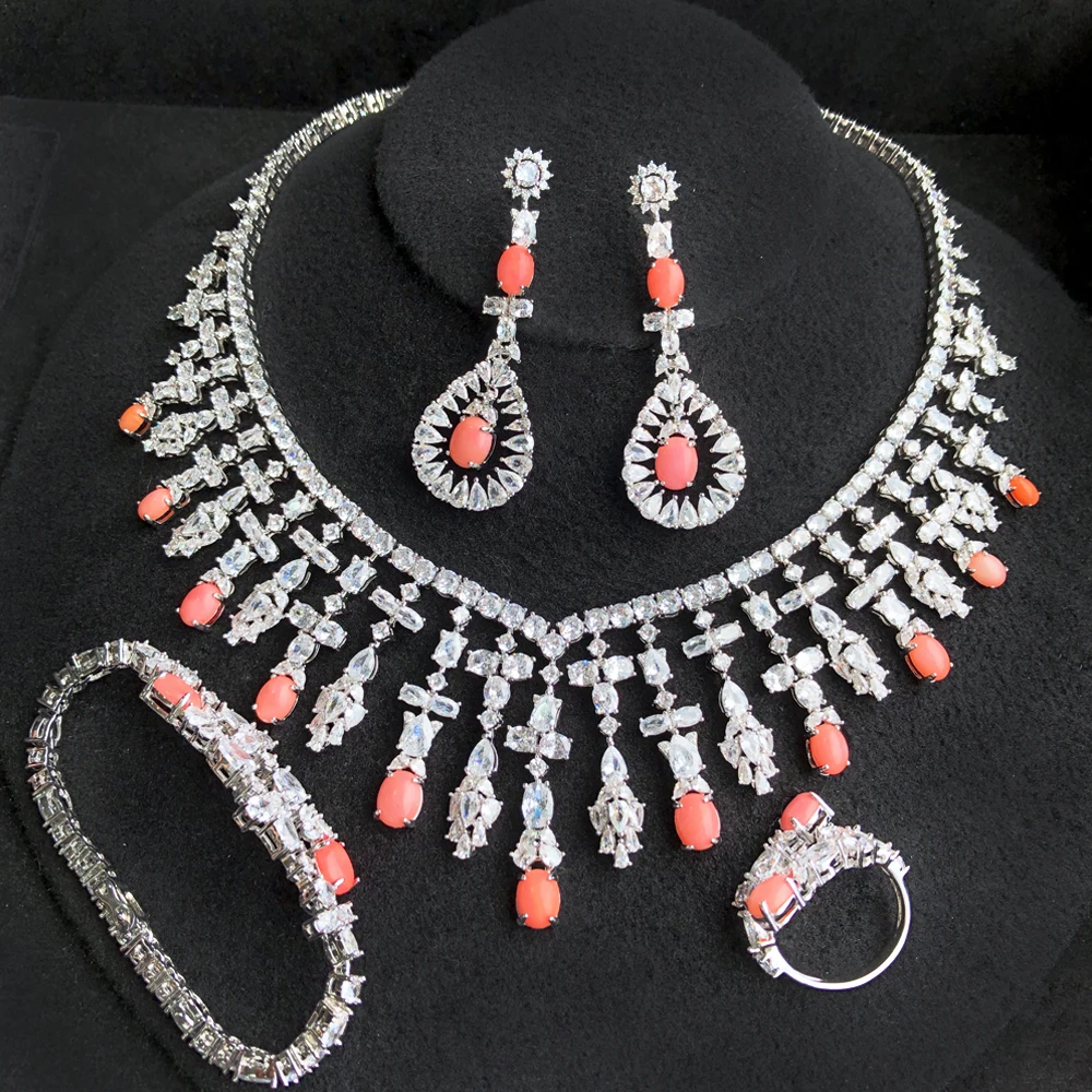 Lovely Real Pink Coral African Jewelry Sets For Women Wedding Full Micro Cubic Zirconia Dress Necklace Earring Sets