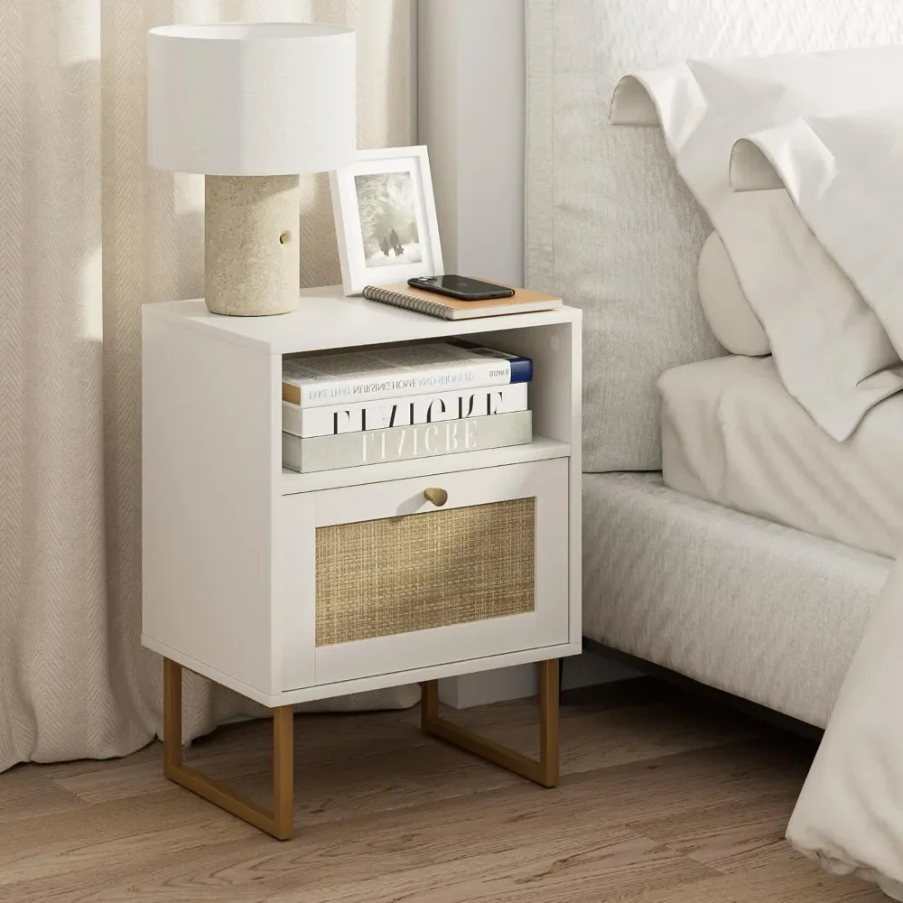 

Modern Boho Farmhouse Wood Bedside Table with Storage Drawer and Open Shelf,Small Gold Frame Side End Table for Bedroom