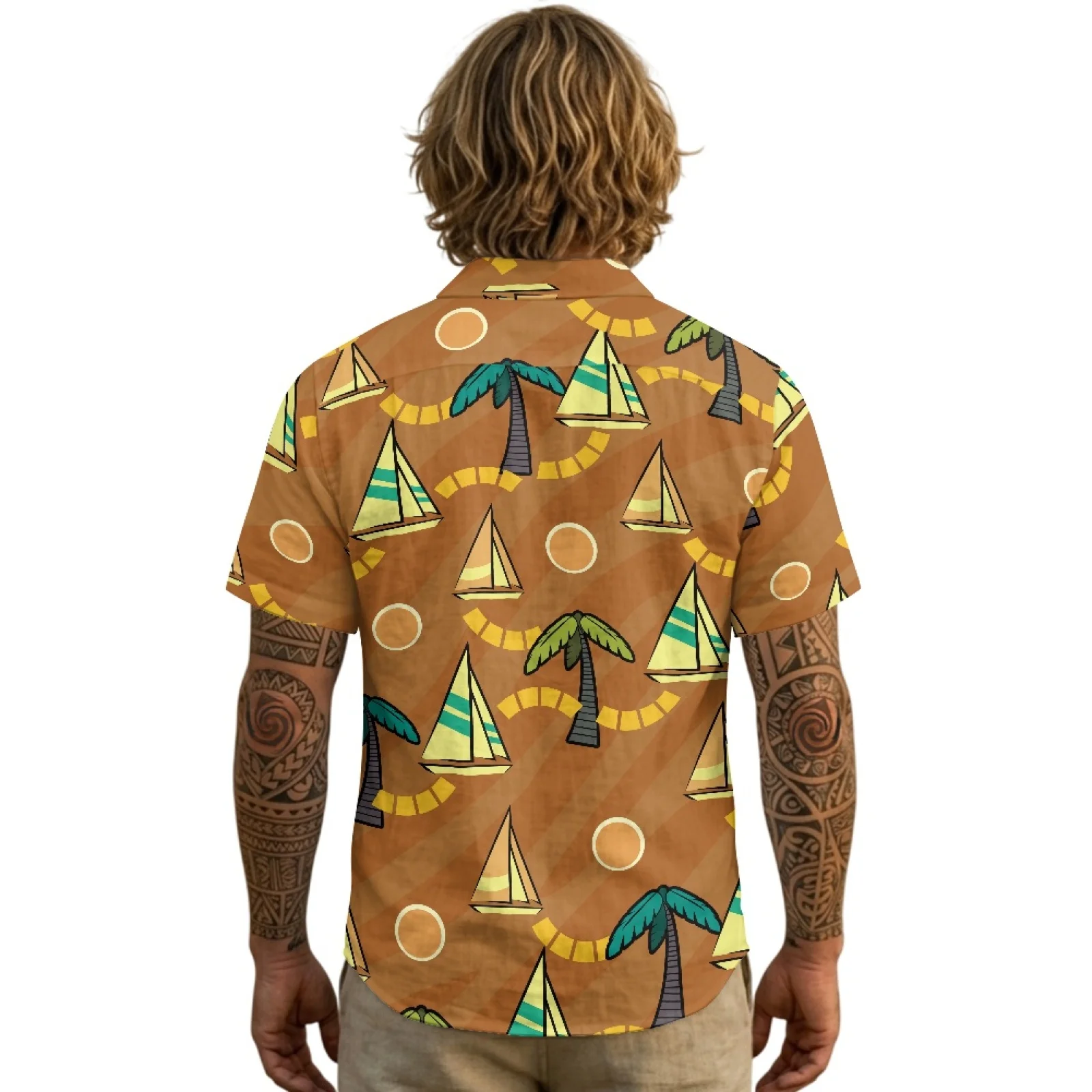 PENSTROLL Sailboat Palm Tree Linen Like Mens Button Down Shirts Short Sleeved T-shirt for Adult Single Breasted Men's Top