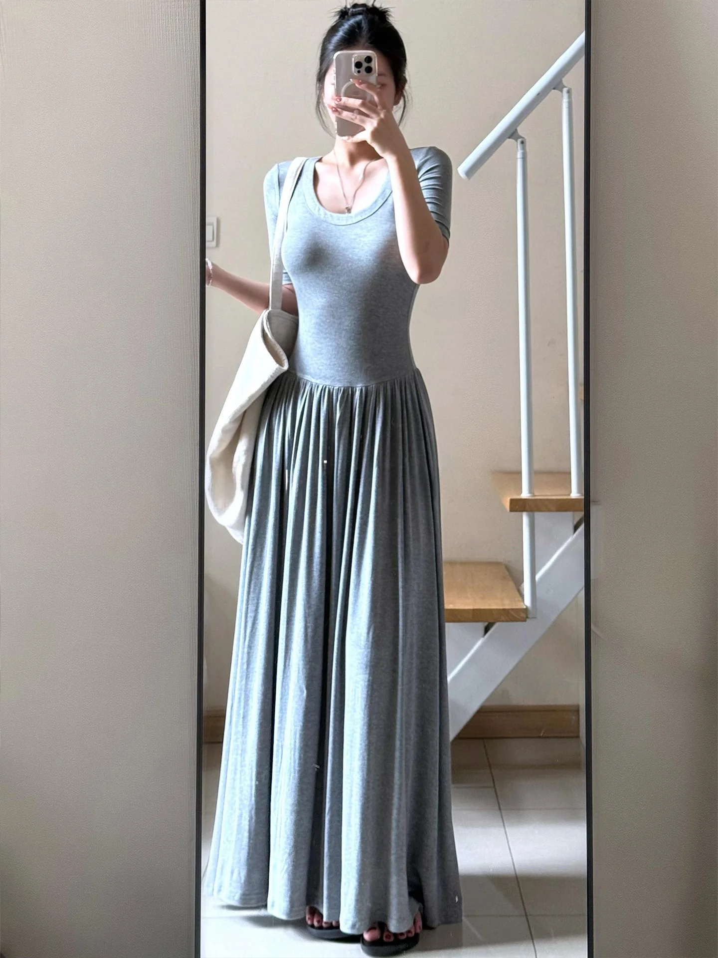 

Платье ROUJE KEFSS с коротким рукавом, утягивающее, с завышенной талией, элегантное, длинное, в повседневном стиле, А-силуэт, с круглым вырезом, летнее