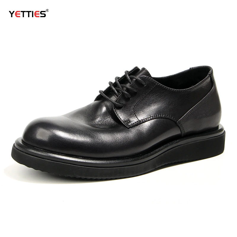 

YETTIES New British Style Thick Sole Men's Real Leather Shoes Round Toe Lace Up Man Leisure Genuine Leather Footwear Male