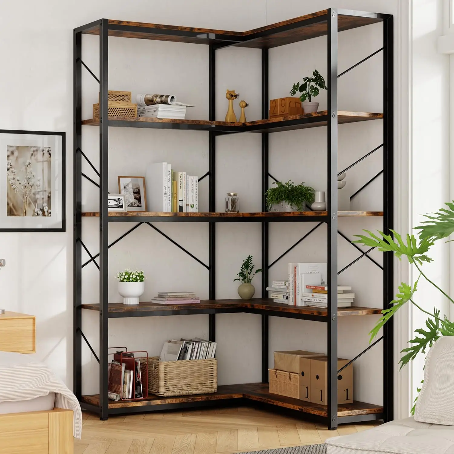 

5 Tier L Shaped Corner Bookshelf Metal Frame Large Display Storage Rack Living Room Bedroom Office Rustic Brown, Customized