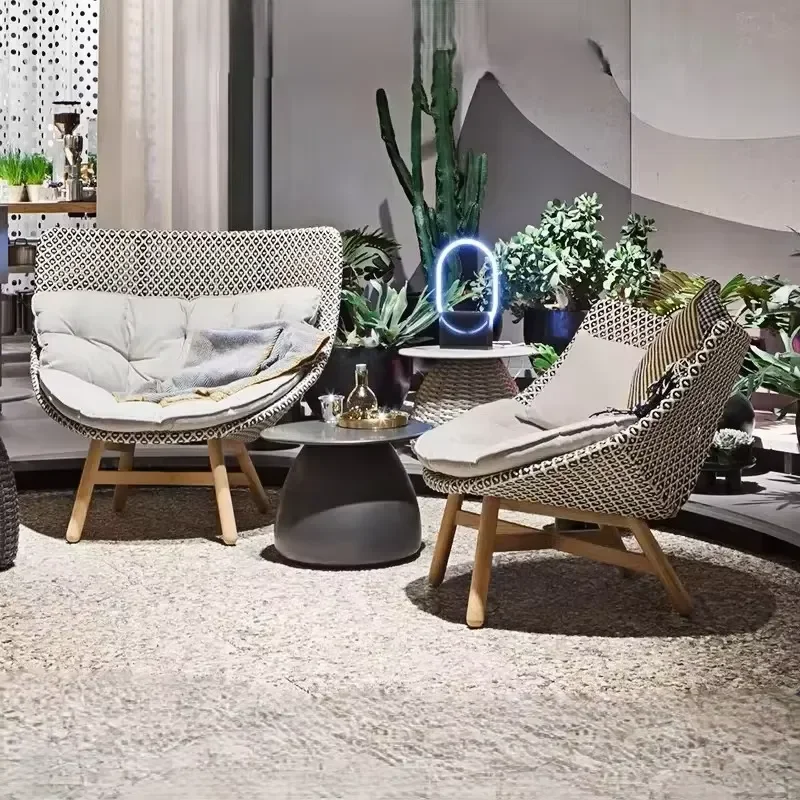 Modern Outdoor Sofa and Chair Set with Solid Wood Frame for Courtyard & Balcony-2-Seater Rattan Garden Furniture