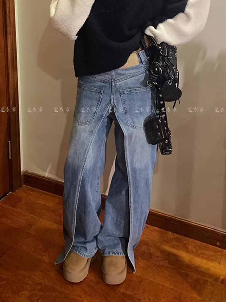 Jeans blu americani Oversize per le donne 2024 primavera nuovi pantaloni in Denim finto a due pezzi Y2k E-Girl a vita alta gamba larga allentata