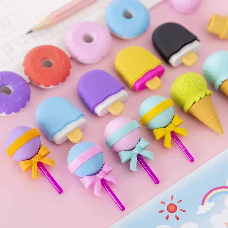 4pcs Cute Lollipop Ice Cream Shape Erasers Kawaii Stationery Cute Dessert Rubber Pencil Eraser for Kids School Office Supplies