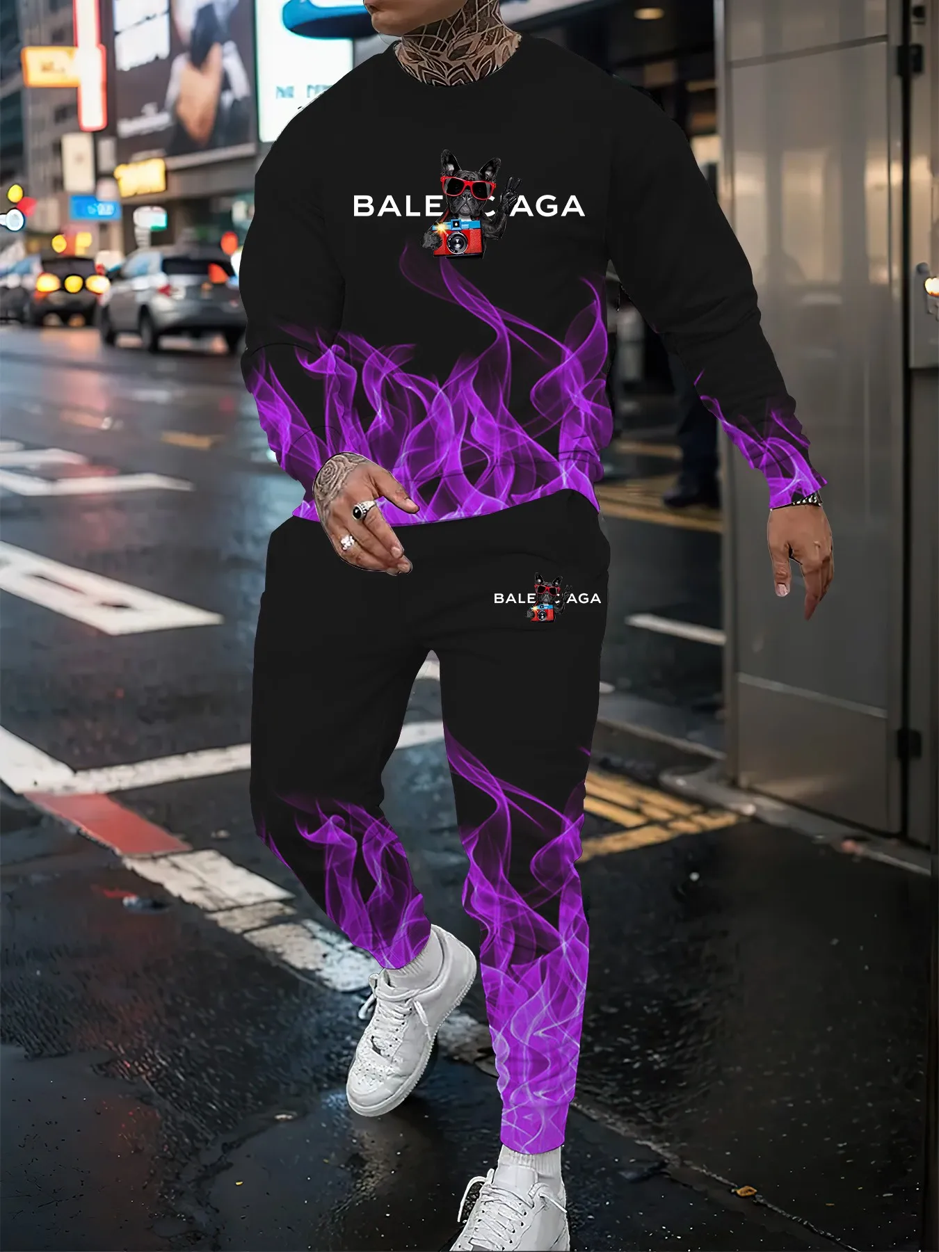 Fashionable flame printed men's 2-piece long sleeved pants set, soft and comfortable warm long sleeved pants 2-piece set, cool a