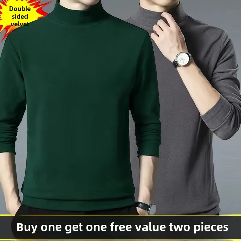 Factory Quality Fleece Warmlapel T-Shirt Half Polo/Turtle Neck Fashionable Casual Double-Sided Fleece Thickened Warm Top For Men