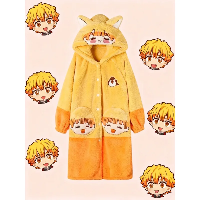 Anime Demon Slayer Agatsuma Zenitsu lindo patrón creativo de dibujos animados engrosado cálido suelto cómodo conjunto de albornoz de lana coral
