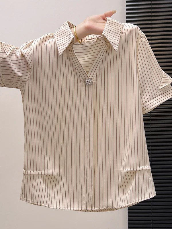 

Женская укороченная рубашка с полосками на шее, универсальная летняя модная новинка 2026 года, топ из полиэфирного волокна