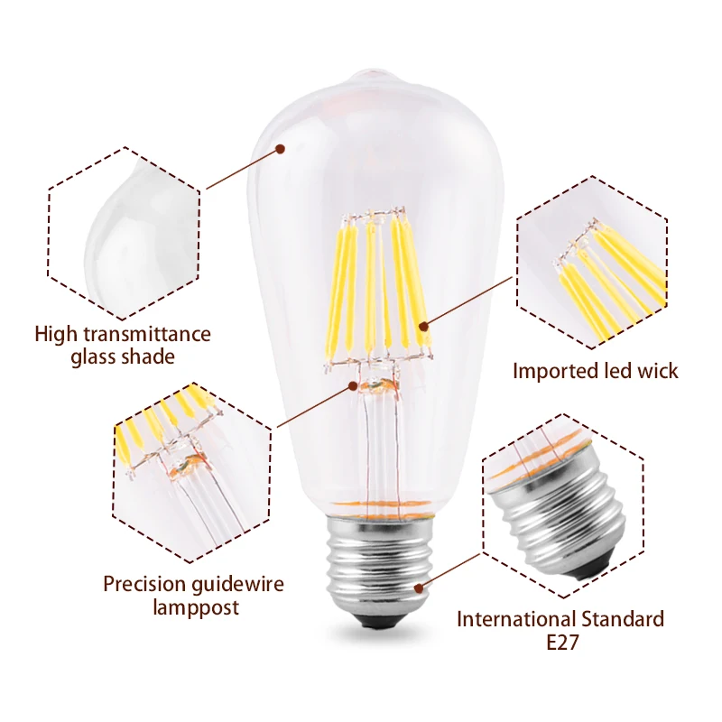 6 adet LED ST64 2W 4W 6W 8W AC 220V 230V 240V Filament ampul E27 soğuk sıcak beyaz ışık Vintage Edison lamba Retro cam görünüm