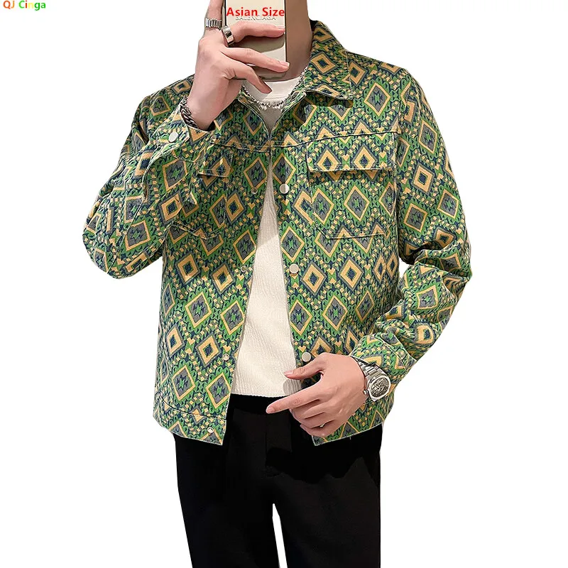 2026 Men\'s Red Printed Denim Jacket, Single Breasted Square Collar Coat, White Blue Trim, Asian Size M-4XL