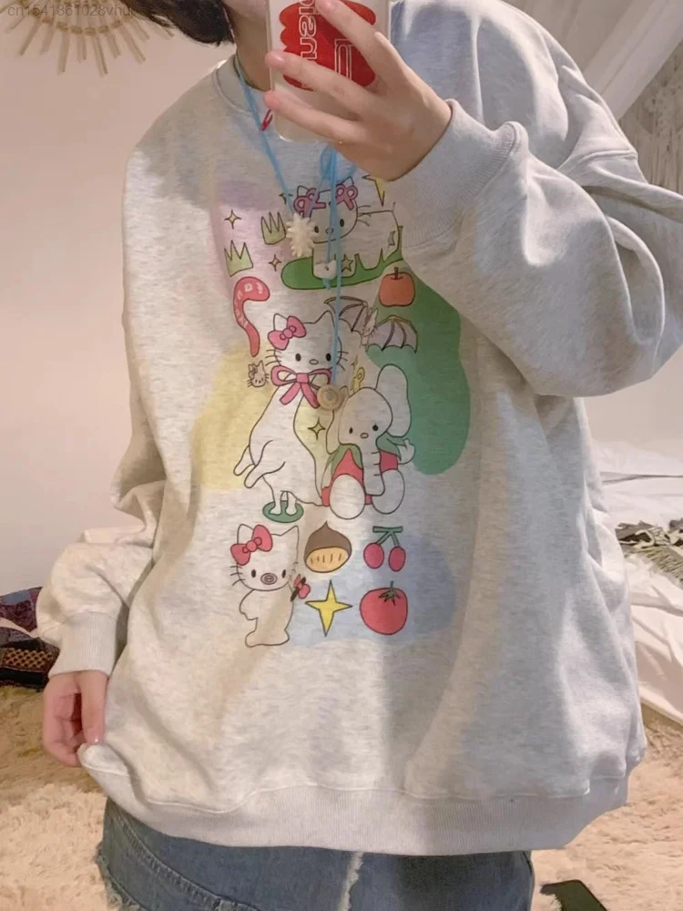 Sanrio Hello Kitty New Funny Printed Hoodie Round Neck Pullover Long Sleeve Top Y2k Cute 90s Vintage Gothic Shirt Girls Y 2k