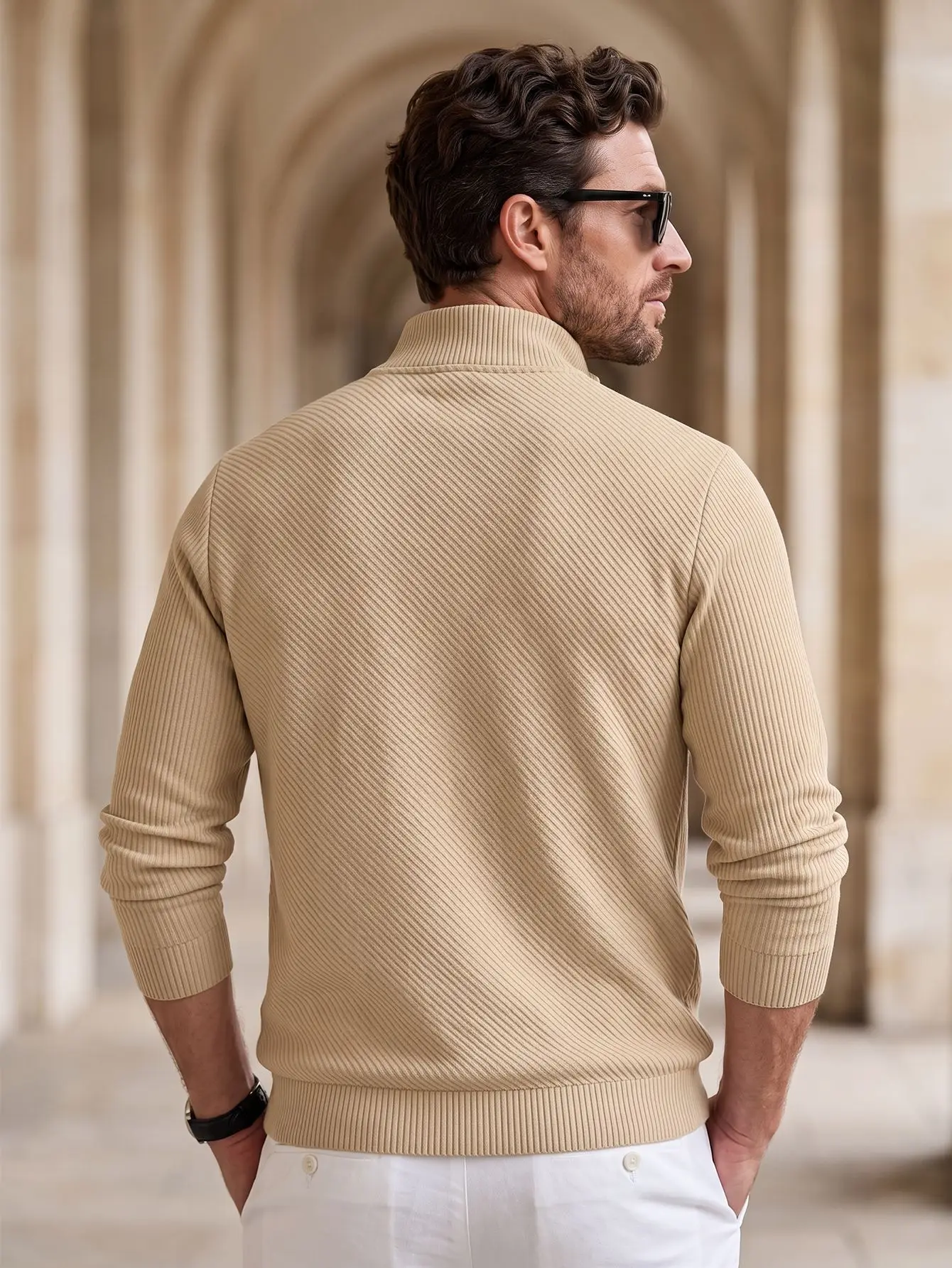 Men's Stand Up Collar Long Sleeved Top American Autumn Casual Fashion Solid Color Simple Versatile Textured Half Zip Sweatshirt