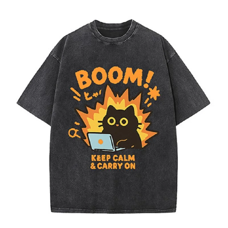 

New Summer Funny Cat Computer Explosion Washed T-shirt Game Cotton O-Neck Oversized Tee Fashion Fan Style Neutral Casual T-shirt