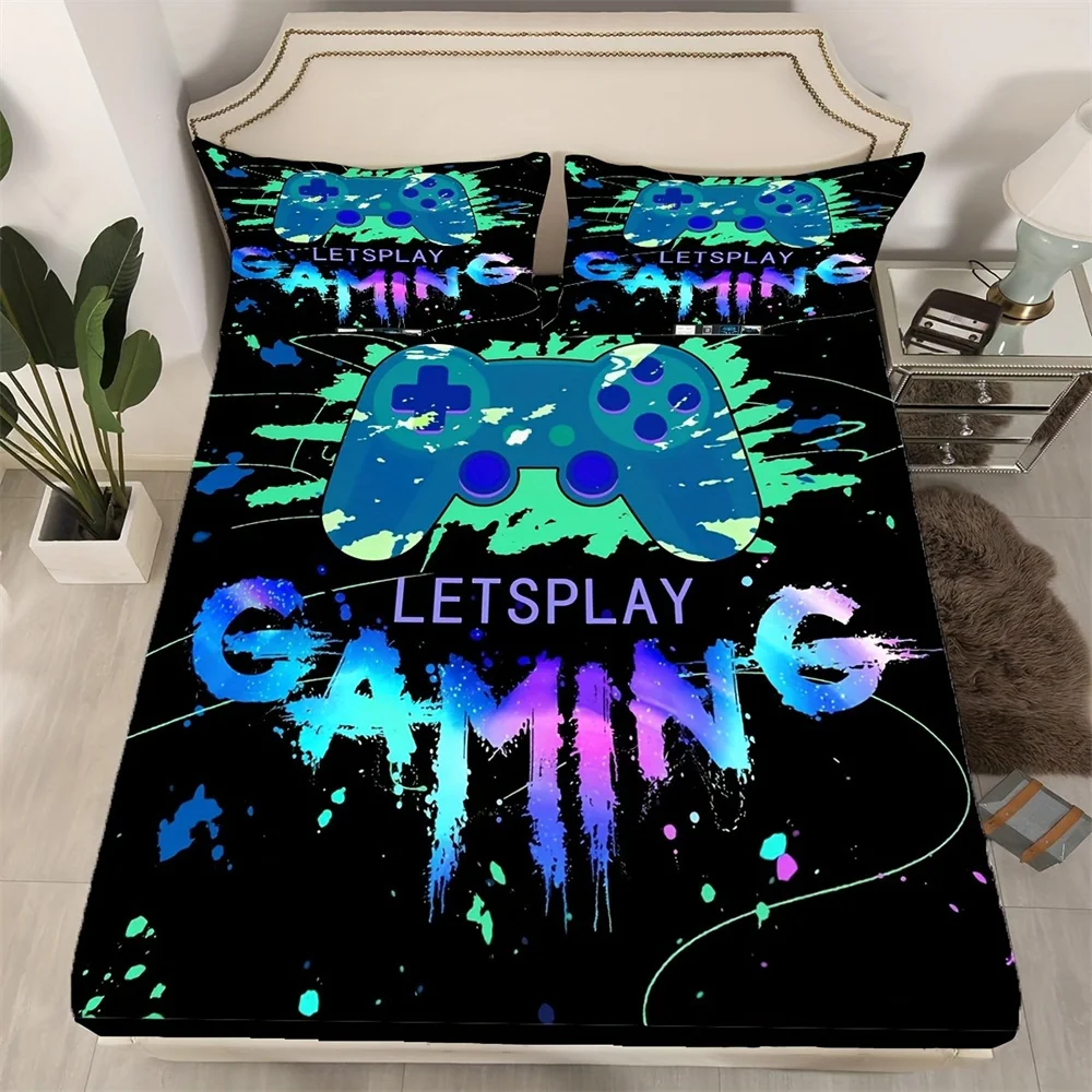 Juego de sábanas ajustadas con estampado de controlador de juego de jugador pintado, Funda de colchón, ropa de cama cómoda y transpirable con bolsillo profundo