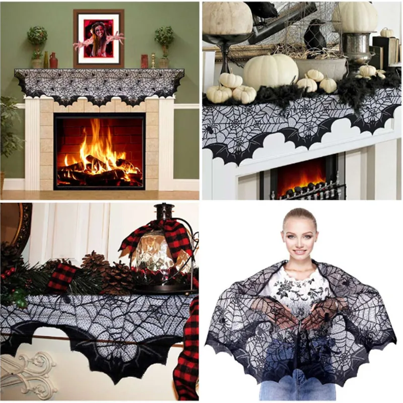 Hallowen Spider Tablecloth Black Lace Cobweb Fireplace Cover Home Decortion