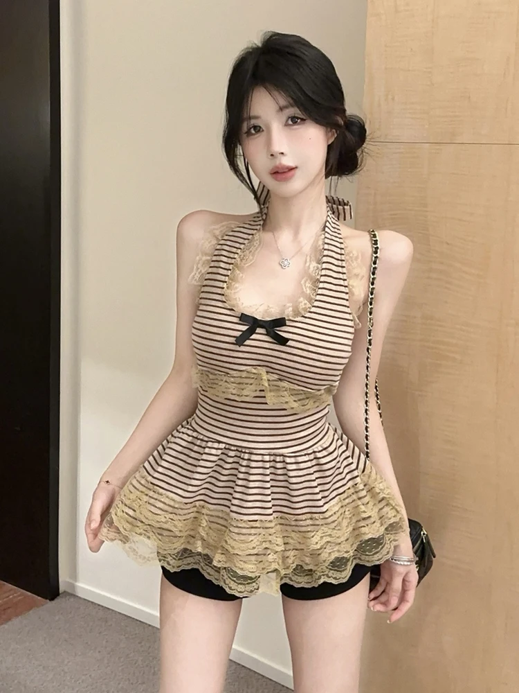 

Sweet Pure Lace Trim Knot Neline Waist-Cinching Vest Top Slimming ort orts Set Faionable Casual Outfit