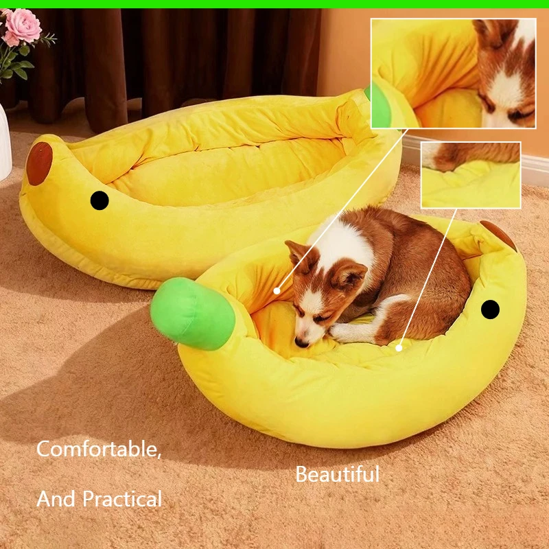 

Cute Banana Plush Pet Bed Four Seasons Warm Removable Cover