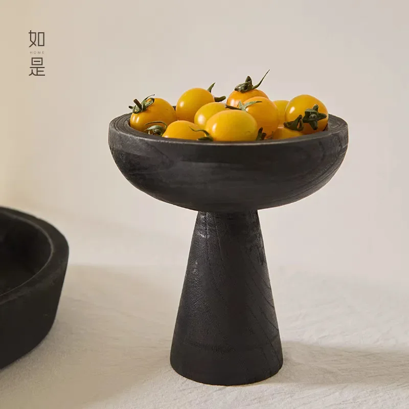 Wabi Sandy Wind Black Tall Fruit Plate Retro Old Dried FruitPlate Solid Wood Pallet Wooden FruiPlate Ornament